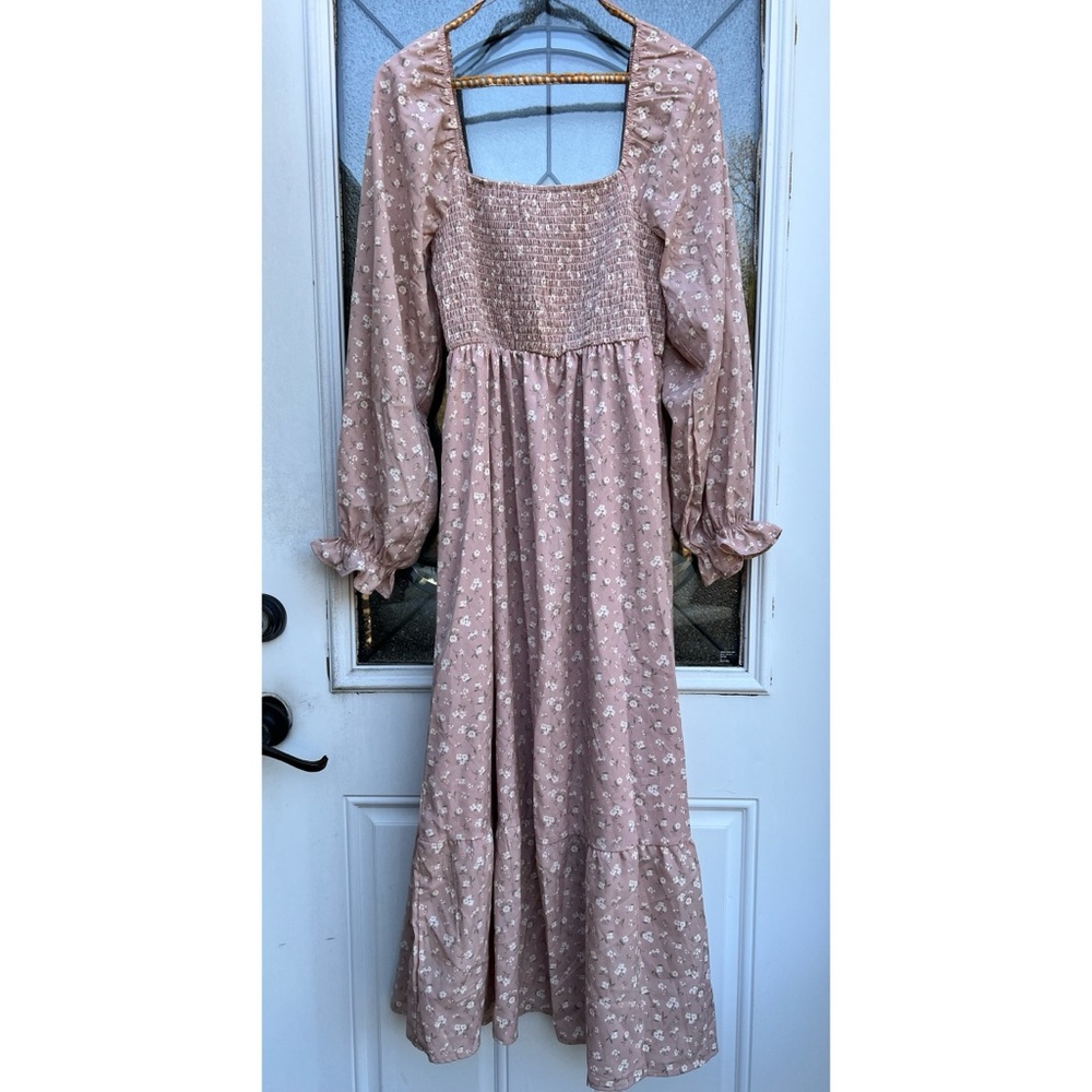 By The River Pink Floral Smocked Long-Sleeve Cottagecore Dress - Picture 2 of 9